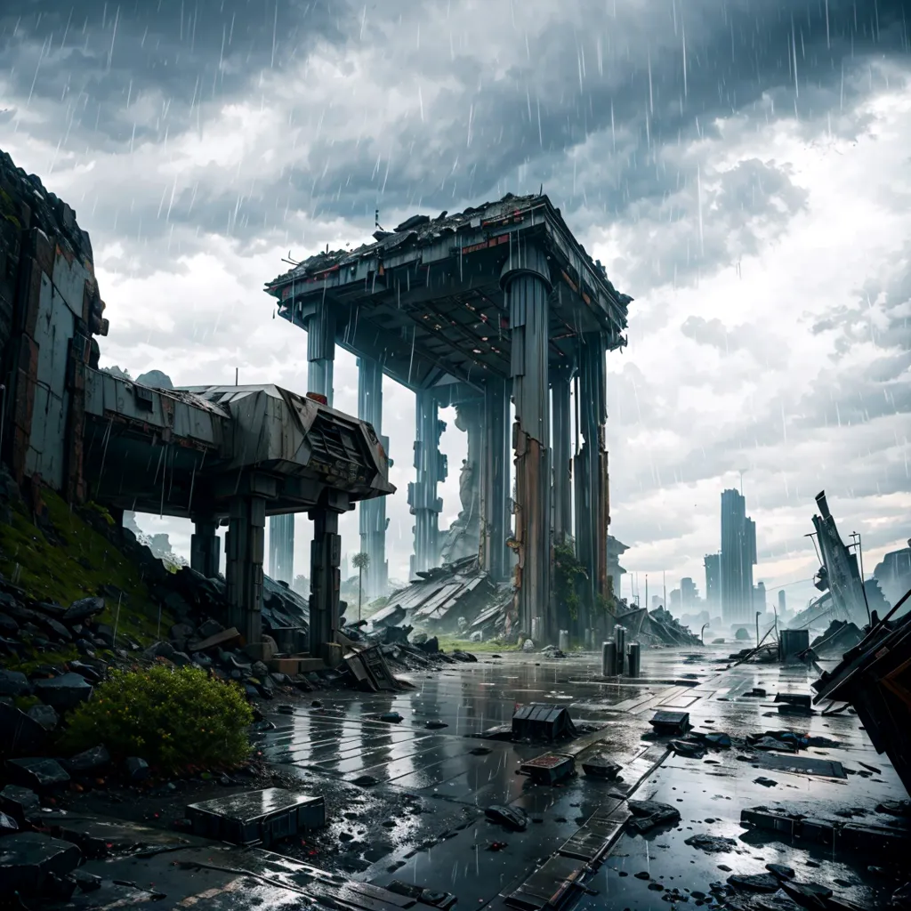 The image is set in a post-apocalyptic city. The once-great buildings are now in ruins, and the streets are littered with debris. The rain is coming down hard, and the wind is howling. There is an eerie silence, save for the sound of the rain and the wind. It is a scene of desolation and despair.