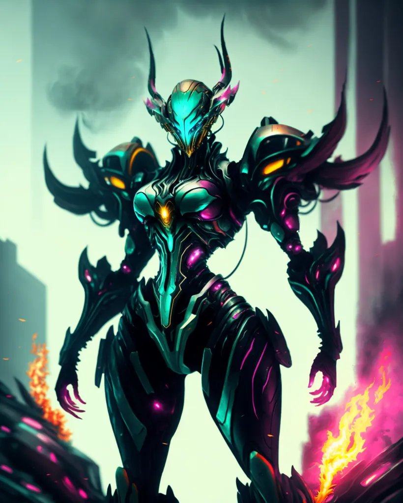 The image is a digital painting of a female warrior in a futuristic setting. She is wearing a black and green bodysuit with a glowing yellow core. She has long, flowing hair and her eyes are glowing white. She is standing in a destroyed city, with flames and debris all around her. There are also several large horns protruding from her back and shoulders.