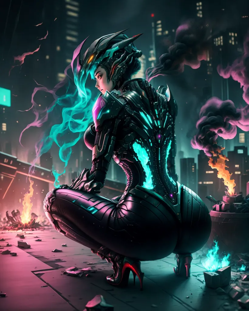 The image is a digital painting of a female character wearing a black and blue bodysuit with a glowing blue spine and blue hair. She is crouching on a rooftop with a futuristic city in the background. There are flames and smoke on the ground. The character is looking away from the viewer.