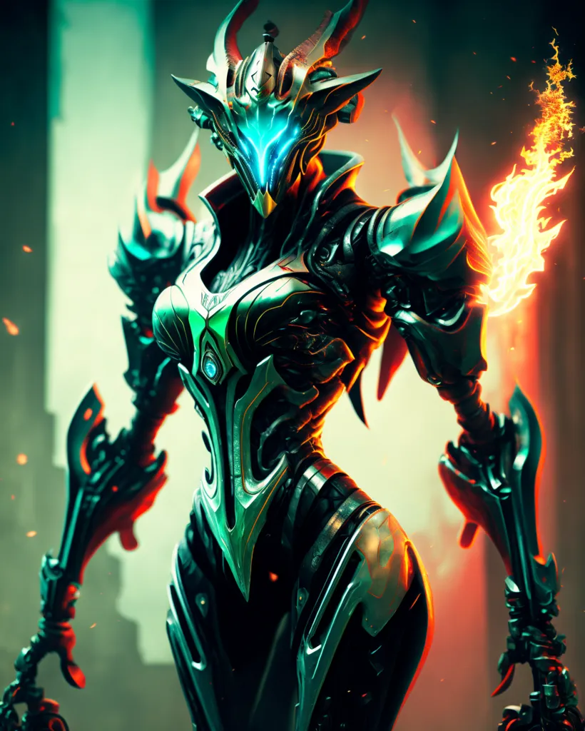 The image is a digital painting of a female warrior in a green and black bodysuit. She has a glowing blue visor and shoulder pads, and her arms and legs are covered in sharp blades. She is standing in a dark, fiery environment, and there are flames reflected on her armor.