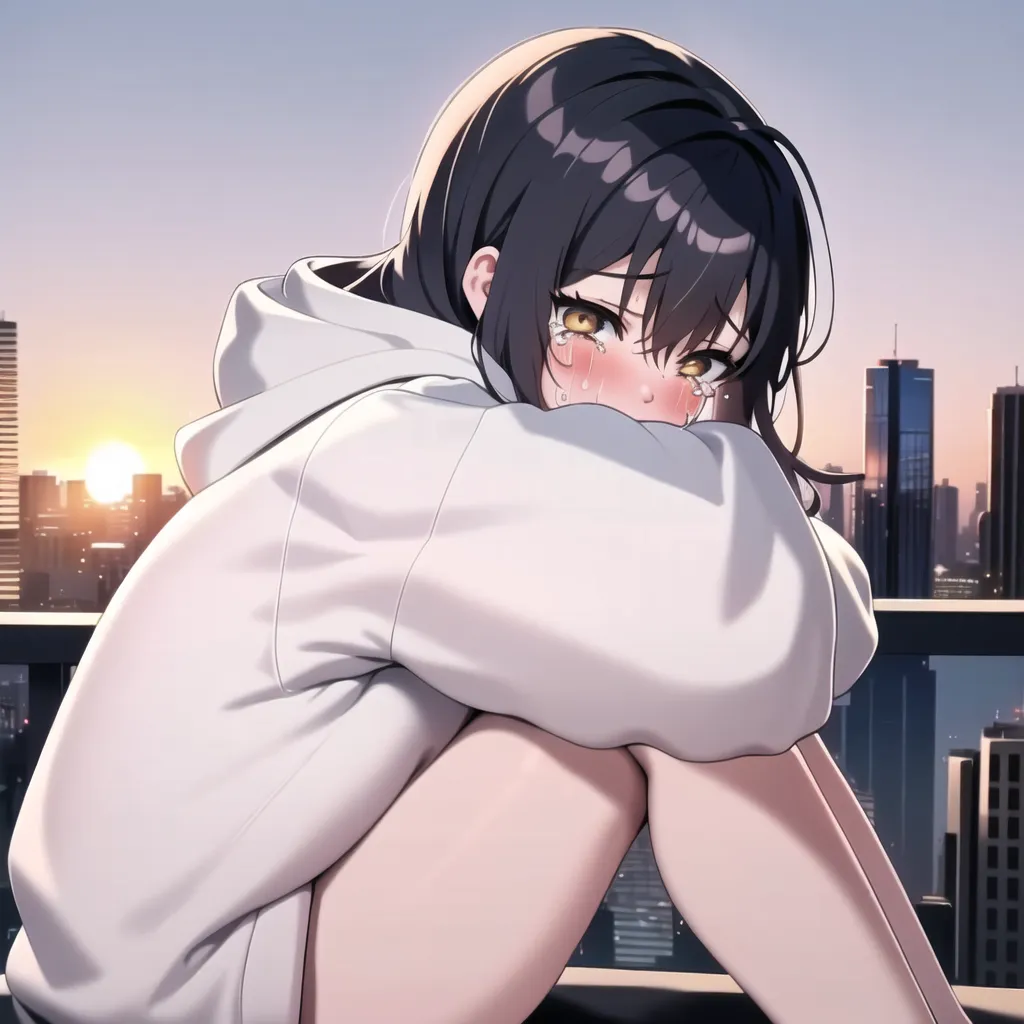 The image is of a crying anime girl. She has black hair and yellow eyes, and is wearing a white hoodie. She is sitting on a rooftop with a cityscape in the background. The sun is setting and the sky is a gradient of orange and pink. The girl is hugging her knees and looking down. She is crying and there are tears on her face. Her expression is one of sadness and despair.