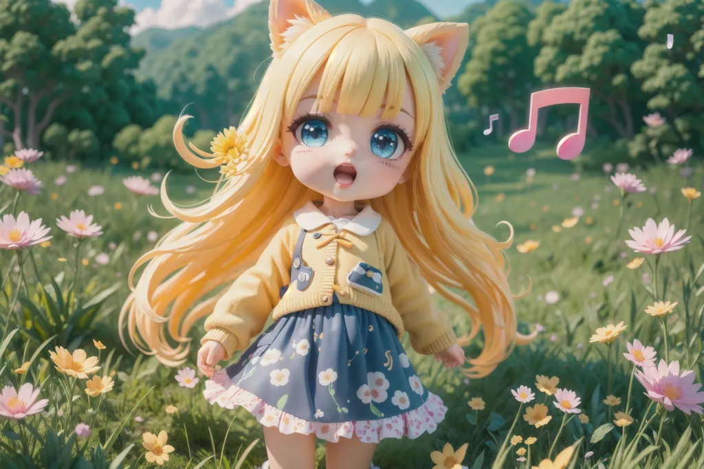 A imagem é de uma garota em estilo anime com cabelos longos e ondulados amarelos e olhos azuis. Ela está usando um suéter de cardigã amarelo e uma saia azul com flores brancas. Ela também tem um par de orelhas de gato na cabeça e está cantando com uma nota musical aparecendo ao lado de sua cabeça. Ela está em um campo de flores, com grama verde e árvores ao fundo.