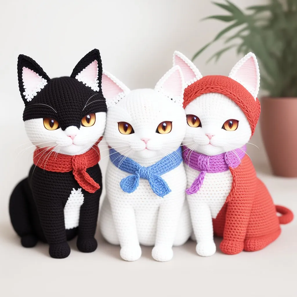 The image shows three crocheted cats. The cat on the left is black with a white belly and white paws. It is wearing a black scarf. The cat in the middle is white with a white belly and white paws. It is wearing a blue scarf. The cat on the right is white with a white belly and white paws. It is wearing a red hat and a purple scarf. All three cats have orange eyes. They are sitting next to each other on a white surface. There is a green plant behind them.