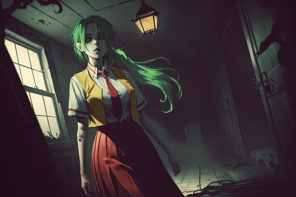 The image is a dark and mysterious room with a single light bulb hanging from the ceiling. There is a figure standing in the middle of the room. The figure is a young woman with long green hair, red eyes, and pale skin. She is wearing a white shirt, a red tie, and a pleated skirt. The woman's expression is one of sadness and despair. She looks as if she has been through a great deal of pain. The room is decorated with various objects, including a window, a door, and a few pieces of furniture. The window is covered in cobwebs, and the door is slightly ajar. The furniture is old and dusty. The overall atmosphere of the image is one of gloom and despair. It is clear that the woman is in a great deal of pain, and it is unclear what will happen to her next.