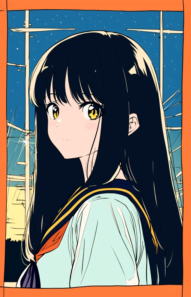 The image shows a girl with long black hair and yellow eyes. She is wearing a white shirt with a blue collar and a red tie. She is looking to the left of the frame. The background is a blue night sky with many stars. There are also some power lines in the background. The image is drawn in a realistic style and the colors are vibrant.