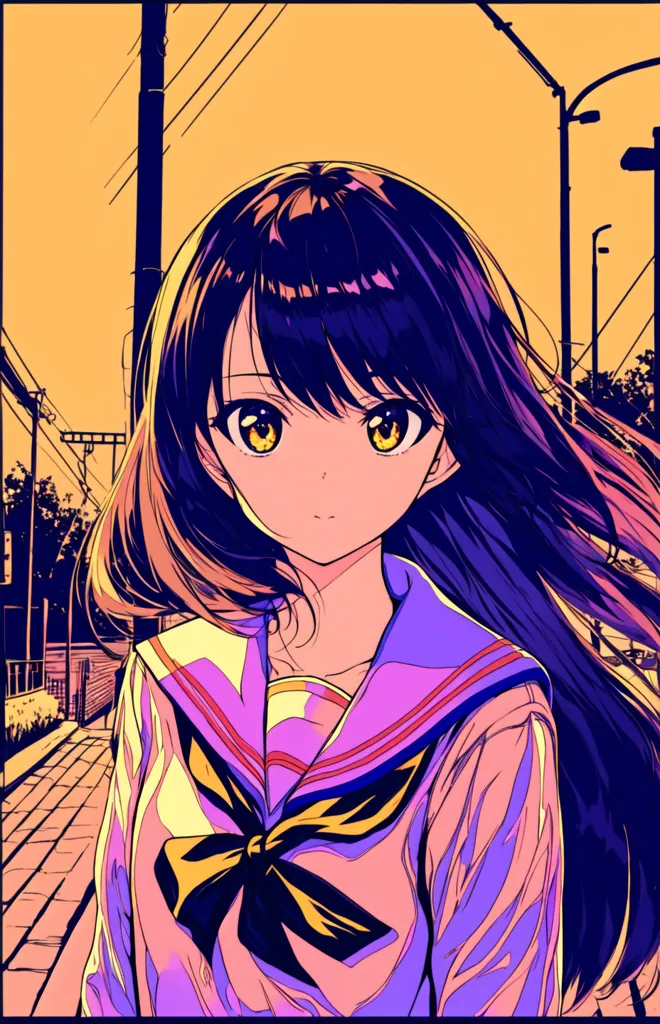 The image is a portrait of a young girl with long black hair and yellow eyes. She is wearing a purple and white school uniform with a yellow bow. The background is a blurred cityscape in warm colors. The girl is looking at the viewer with a slightly sad expression.