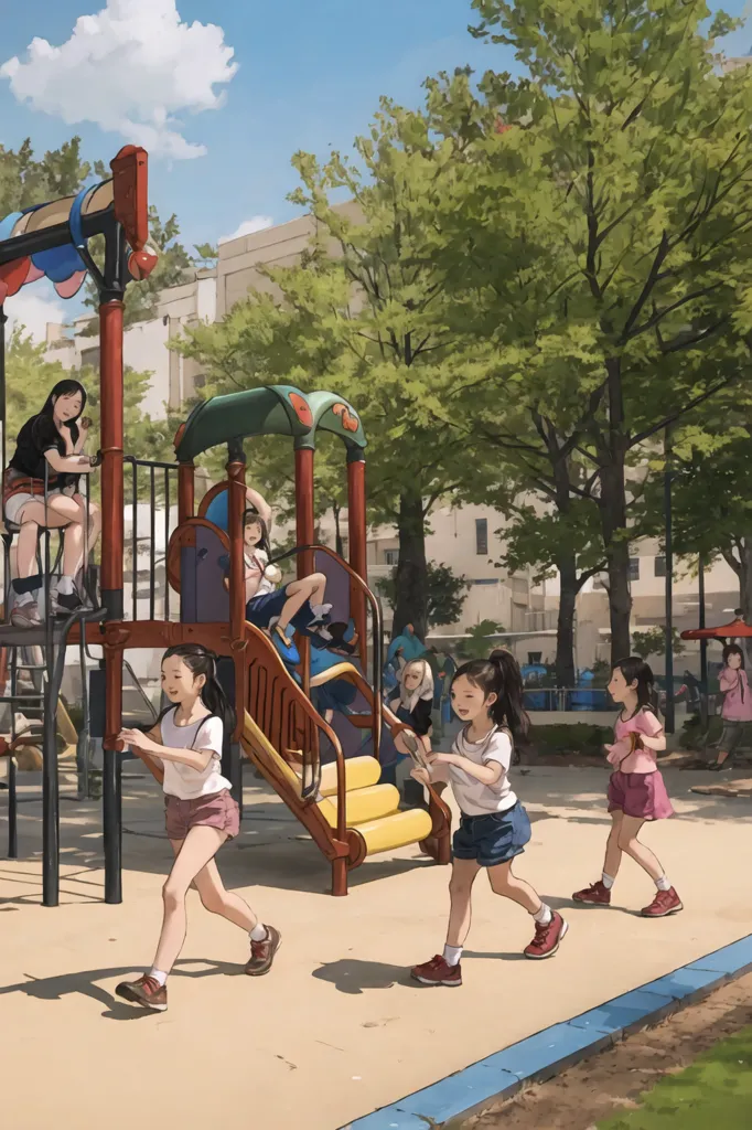 Hay varios niños jugando en un parque infantil. El parque infantil tiene una estructura grande con un tobogán, una escalera y una pared de escalada. También hay varias estructuras más pequeñas, incluyendo un columpio y una caja de arena. Los niños llevan ropa casual y se están divirtiendo mucho. En el fondo, hay algunos árboles y edificios. El sol brilla y es un día hermoso.