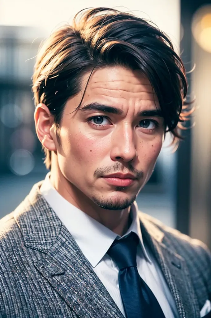 The image shows a young man with long, wavy brown hair and light blue eyes. He is clean-shaven and has a small mole on his right cheek. He is wearing a white shirt and a gray suit jacket with a blue tie. The background is blurred, and the man is looking at the camera with a serious expression.