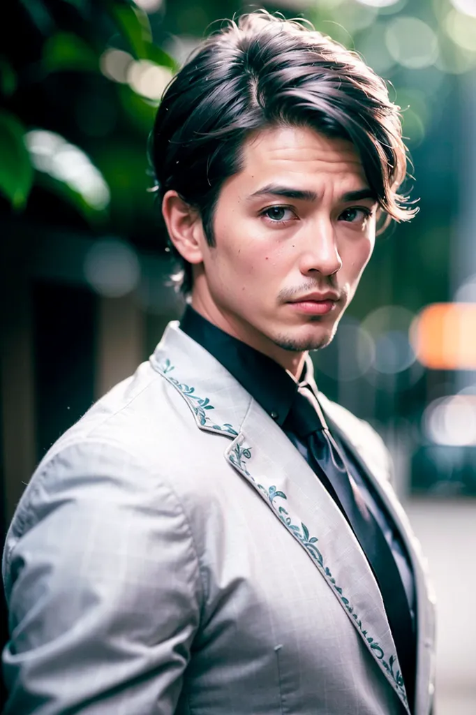 The image shows a young man with long, wavy brown hair and light brown eyes. He is wearing a white suit jacket with a black shirt and tie. The jacket has a floral pattern embroidered on it. He is looking at the camera with a serious expression. He has a small amount of facial hair.