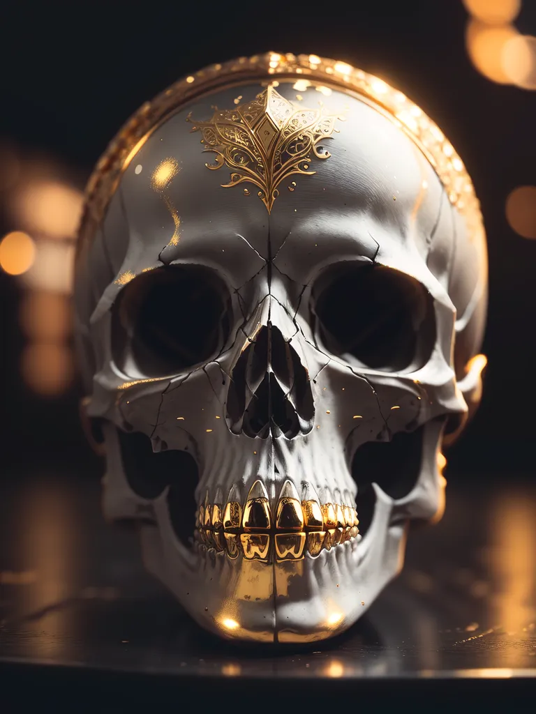 Esta é uma imagem renderizada digitalmente de um crânio com dentes de ouro e uma coroa dourada. O crânio está voltado para o espectador e é definido contra um fundo escuro com um holofote brilhando sobre ele. O crânio é altamente detalhado, com texturas e sombreamento realistas. Os dentes de ouro e a coroa adicionam um toque de luxo e opulência.