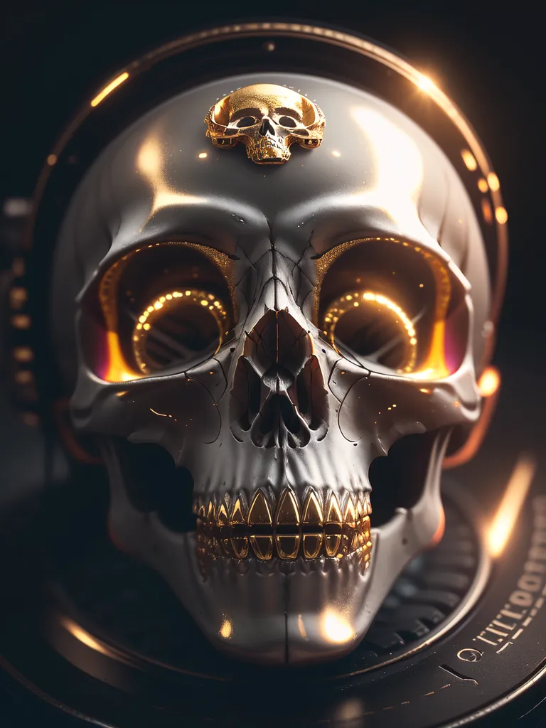 The image is a skull with a golden crown on top of it. The skull is made of silver and has golden teeth. The background is black with a golden circle around the skull. The skull is also glowing with a white light.