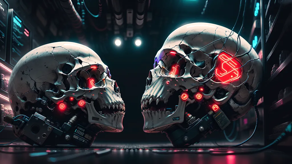 This is a hauntingly beautiful image of two skulls, rendered in a realistic 3D style. The skulls are facing each other, and they are both illuminated by a red light. The background is dark and shadowy, with a few bright spots of light. The skulls are incredibly detailed, and you can see every bone and crevice. The image is both fascinating and unsettling, and it is sure to stay with you long after you look away.