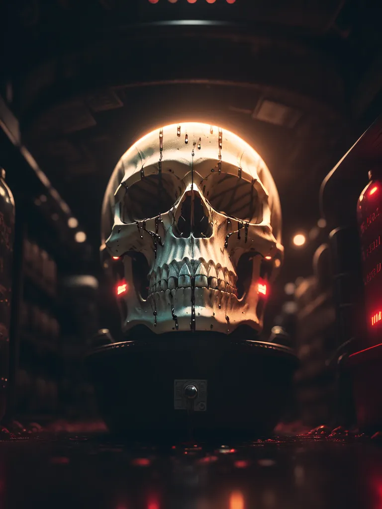 The image is a skull with a metallic texture. It is sitting on a black surface with a red light reflecting on it. There are red lights in the background and the skull is illuminated by a bright light. The skull is facing the viewer and has a hole in the forehead. The image is dark and has a futuristic feel to it.