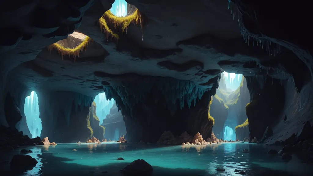 The image is a dark cave with a river flowing through it. The cave is lit by glowing mushrooms and other plants. There are waterfalls coming down from the ceiling of the cave. The walls of the cave are covered in stalactites and stalagmites. There are some rocks and boulders in the river. The water in the river is a deep blue color. The cave is very tall and wide. The air is misty.