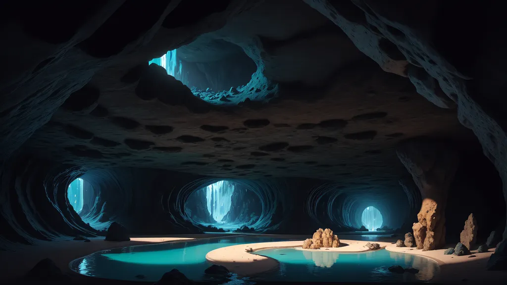 L'image représente une grotte sombre avec une piscine d'eau bleue au centre. La grotte est éclairée par des lumières bleues provenant de trous dans le plafond. Les parois de la grotte sont recouvertes de stalactites et de stalagmites. Il y a également quelques rochers et blocs dans la grotte.