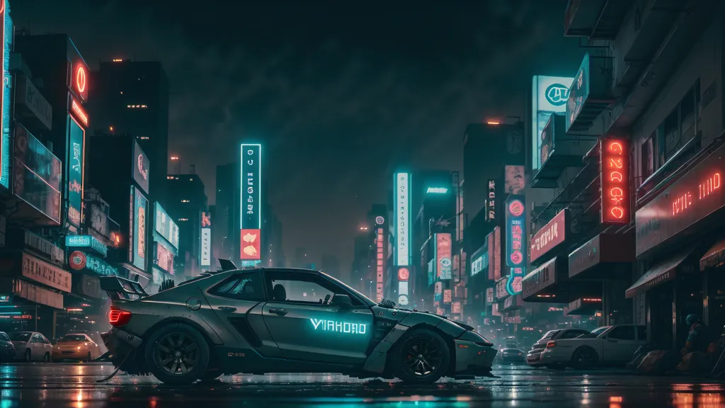 A dark blue sports car with glowing blue lights on the bottom drives through a futuristic city at night. The city is full of tall buildings with bright neon lights and signs. The car is driving in the right lane and there is a row of cars parked on the left. The street is wet from the rain.