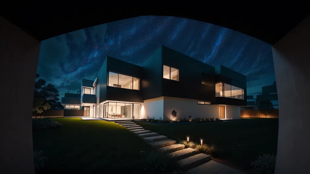 The image is a night view of a modern house. The house is black and white with a flat roof. It has a lot of windows and a large door. The door is open and there is a light on inside the house. There is a path leading up to the house and there are some plants in the front yard. The sky is dark and there are stars in the sky.