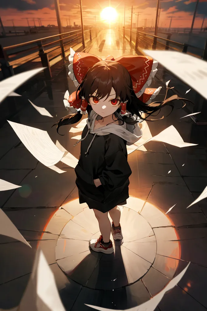 This image shows a girl with long black hair and red eyes. She is wearing a black hoodie with a red and white bow in her hair. She is standing on a stone platform in front of a long bridge with the sun setting in the background. There are papers flying around her.