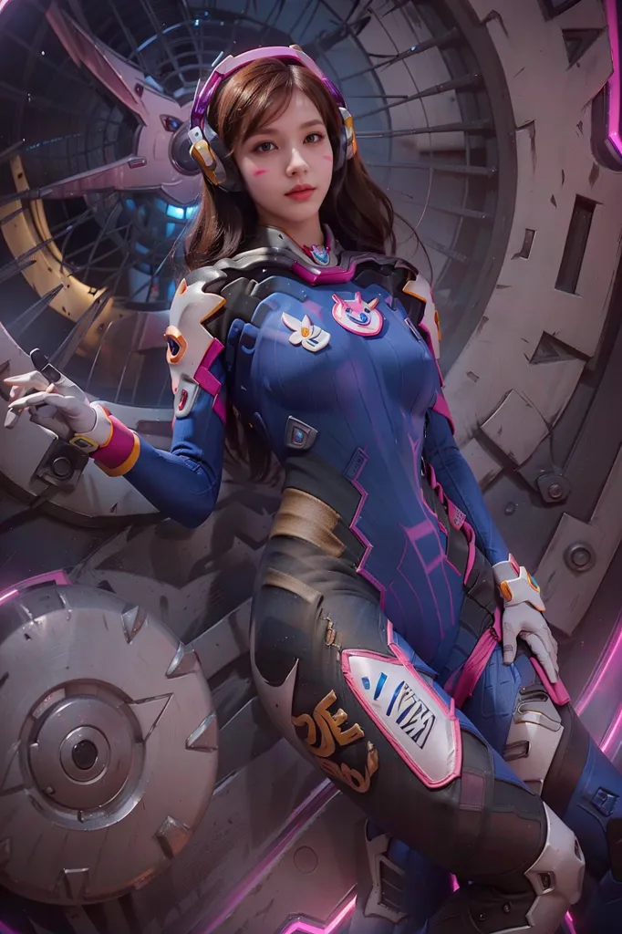 A imagem é de uma jovem mulher com cabelos castanhos longos e olhos roxos. Ela está usando um macacão azul e roxo com um visor rosa. Ela também está usando um par de fones de ouvido. Ela está sentada em um grande objeto de metal. Há uma grande máquina com uma roda atrás dela. A mulher está olhando para a câmera.