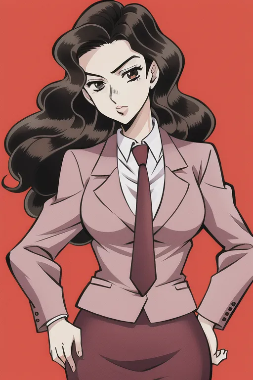 The picture shows a young woman with long brown hair. She is wearing a pink suit and a red tie. She has a serious expression on her face. She is standing with her hands on her hips.