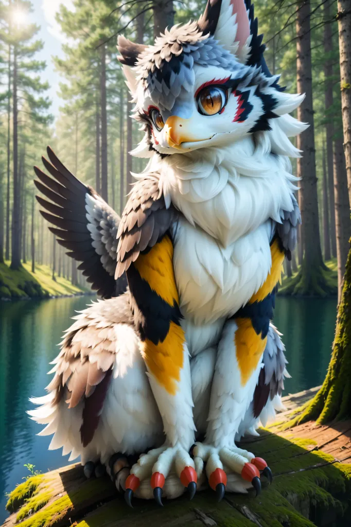 The image is a digital painting of a gryphon, a mythical creature with the head and wings of an eagle and the body of a lion. The gryphon is sitting on a rock in a forest, looking out at the viewer. It has gray and white fur, with yellow and red markings on its wings and tail. Its eyes are yellow and its beak is orange. The forest is full of tall trees and green foliage. There is a river running through the forest, and the sun is shining brightly overhead. The gryphon is a majestic creature, and the image is full of beauty and wonder.