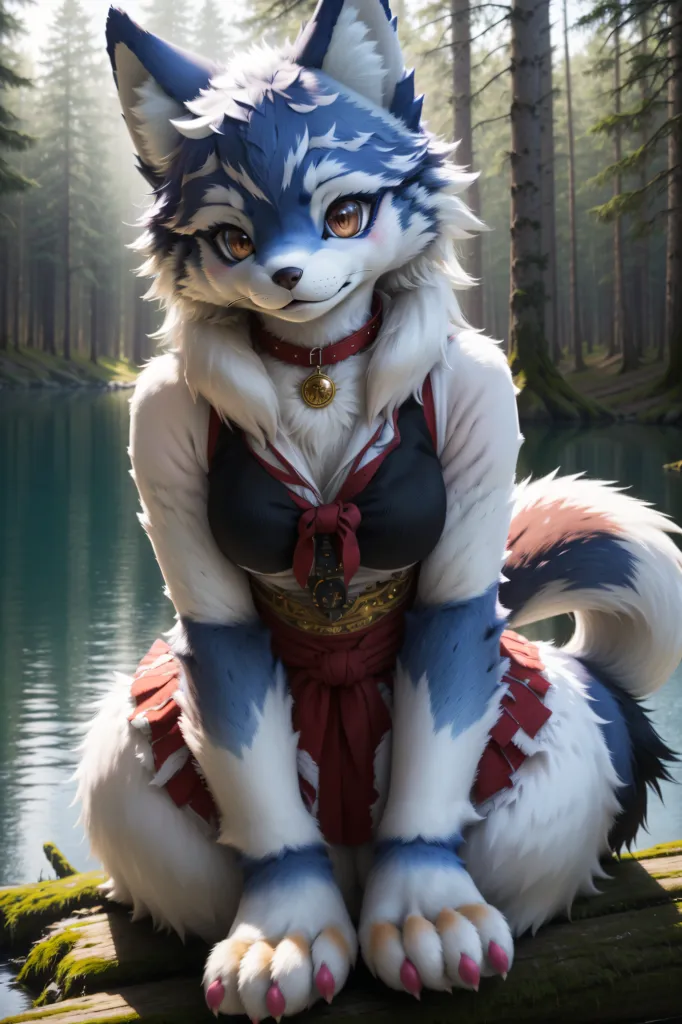 The image is of an anime-style wolf girl with blue and white fur. She is wearing a red and white striped skirt, a white blouse, and a brown belt with a gold buckle. She is also wearing a necklace with a gold pendant. She is sitting on a log in front of a lake, with a large tree in the background. The water in the lake is a deep blue color. The trees in the background are green. The sky is light blue and there are white clouds in the sky.