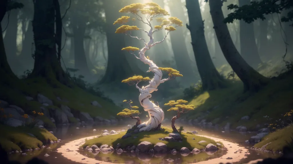 The image is a digital painting of a tree in a forest. The tree is large and has a thick, twisted trunk. Its branches are covered in leaves. The tree is surrounded by a small body of water, and there are rocks and moss on the ground around it. The forest is dense and dark, and the trees are tall and straight. The only light comes from a small clearing in the forest, where the sun is shining down on the tree.