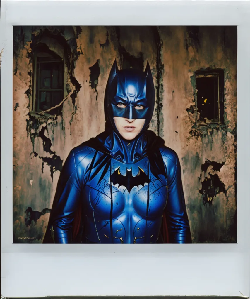 The image is a photo of a woman dressed as Batman. She is wearing a blue and black Batsuit with a yellow bat symbol on her chest. She is also wearing a black cape and a black mask with pointed ears. The woman is standing in front of a dark background with two broken windows. The image is taken from a low angle, making the woman look taller and more imposing.