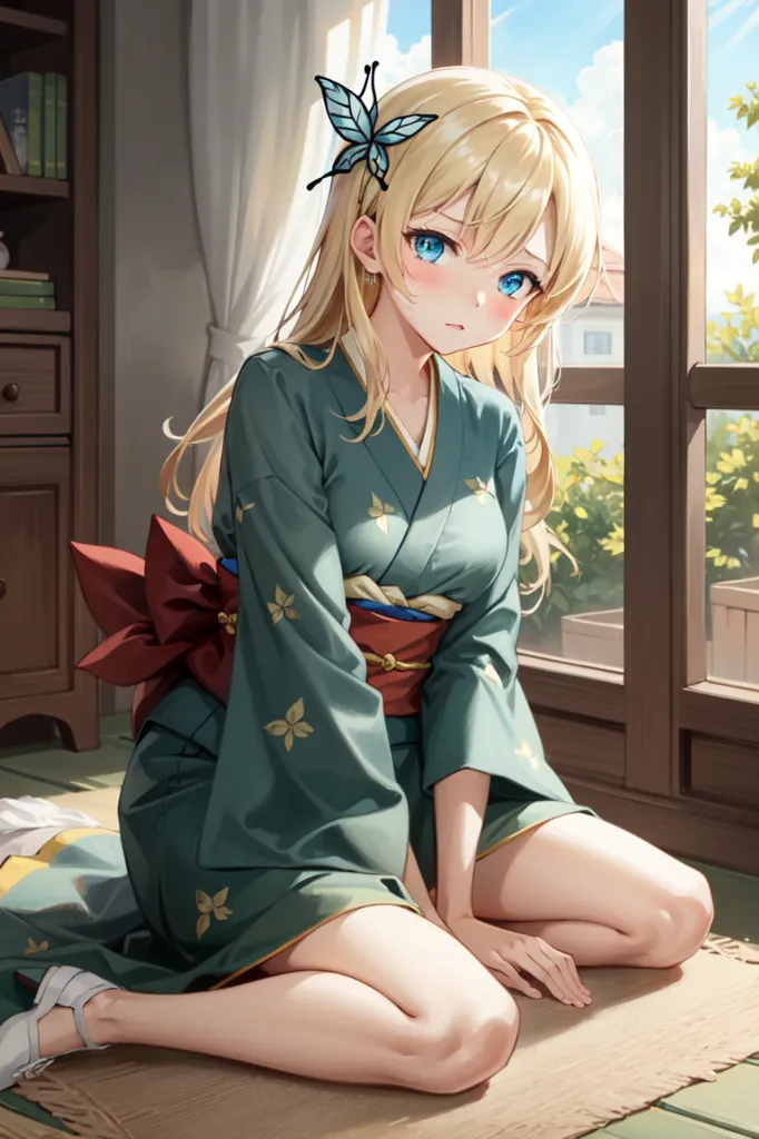 The image depicts a young woman, kneeling on the floor with her right leg under and her left leg forward on a tan carpet. She is wearing a green kimono with white and gold floral designs and a red and gold obi sash tied around her waist. The kimono is slightly open, exposing her shoulders. She has long, wavy blonde hair with a blue butterfly hairpin on the right side of her head. Her eyes are a light blue color, and she has a slightly worried expression on her face. The background of the image shows a partially open wooden-framed glass door to the outside, covered with a white curtain. To the left of the door is a wooden bookshelf.