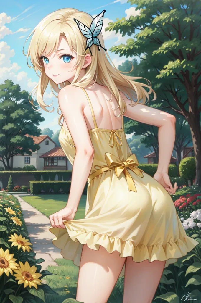 The image is of a young woman with long blonde hair and blue eyes. She is wearing a yellow dress with a white camisole underneath. The dress has a low back and is tied at the waist with a yellow ribbon. The woman is standing in a garden, surrounded by flowers and trees. There is a house in the background. The woman is smiling and has a butterfly in her hair. She is holding the bottom of her dress and lifting it up slightly.