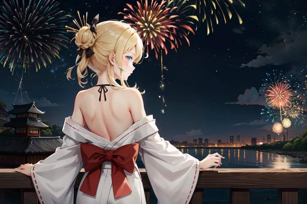 The image is a beautiful anime girl with blonde hair and blue eyes. She is wearing a white kimono with a red obi. The girl is standing on a bridge, looking out at a city. There are fireworks exploding in the sky. The girl is smiling and enjoying the view. The image is very peaceful and serene.