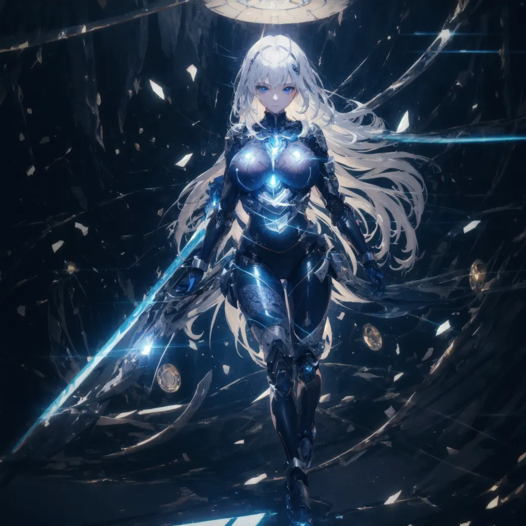 The image is of a female character with long white hair and blue eyes. She is wearing a blue and white bodysuit with armor plating. She is also carrying two swords. The background is dark with a blue light shining down on her. There are also some glowing blue objects in the background.