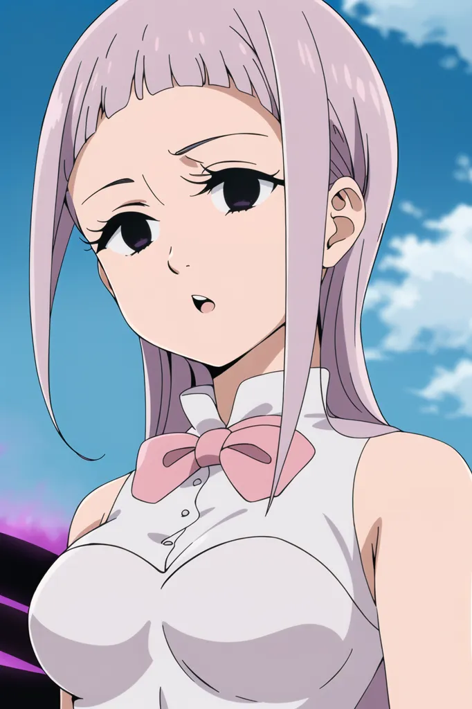 The image shows a young woman with pale skin and light purple hair tied in a low ponytail. She is wearing a white sleeveless shirt with a pink bow at the collar. The image is drawn in an anime style.