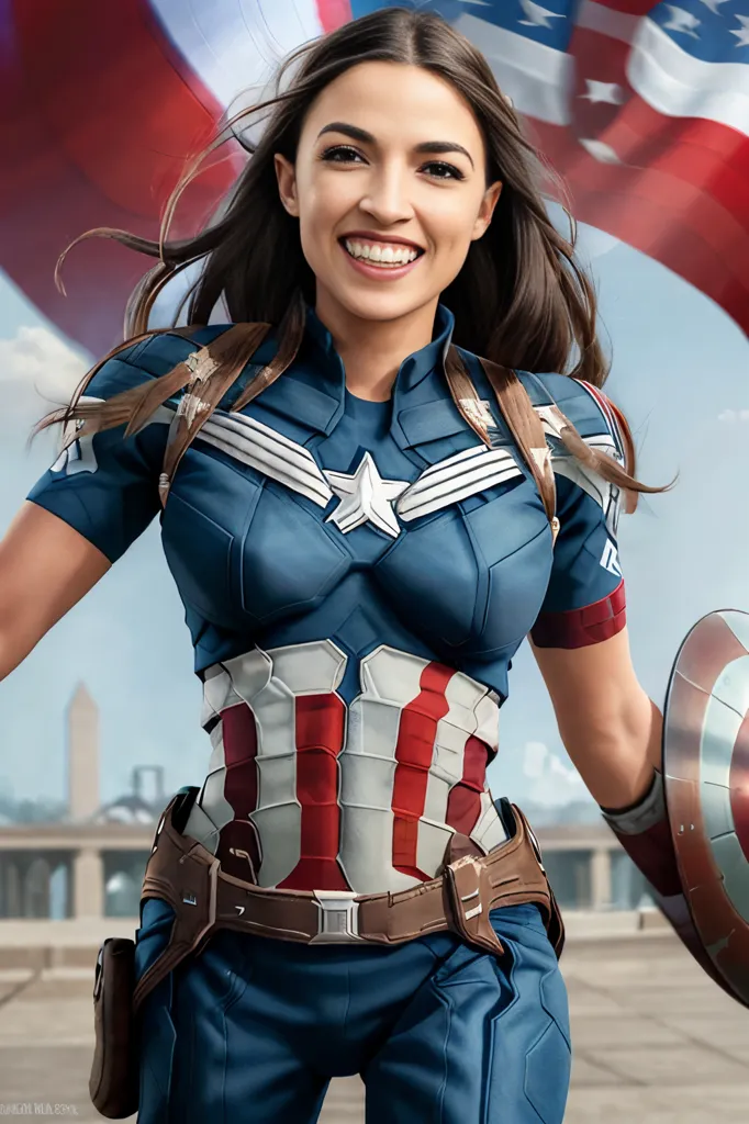 Esta es una imagen de Alexandria Ocasio-Cortez como Capitán América. Ella está usando un traje azul y rojo con una estrella en el frente. También está usando una capa roja, blanca y azul. Está sosteniendo un escudo con la bandera estadounidense. Está parada frente a una gran bandera estadounidense.