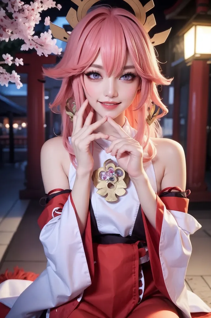 A imagem mostra uma jovem mulher com cabelo rosa e olhos roxos. Ela está usando um quimono tradicional japonês com um obi branco e vermelho. A mulher está sentada em um tatami em uma casa tradicional japonesa. Há flores de cerejeira em flor fora da janela.