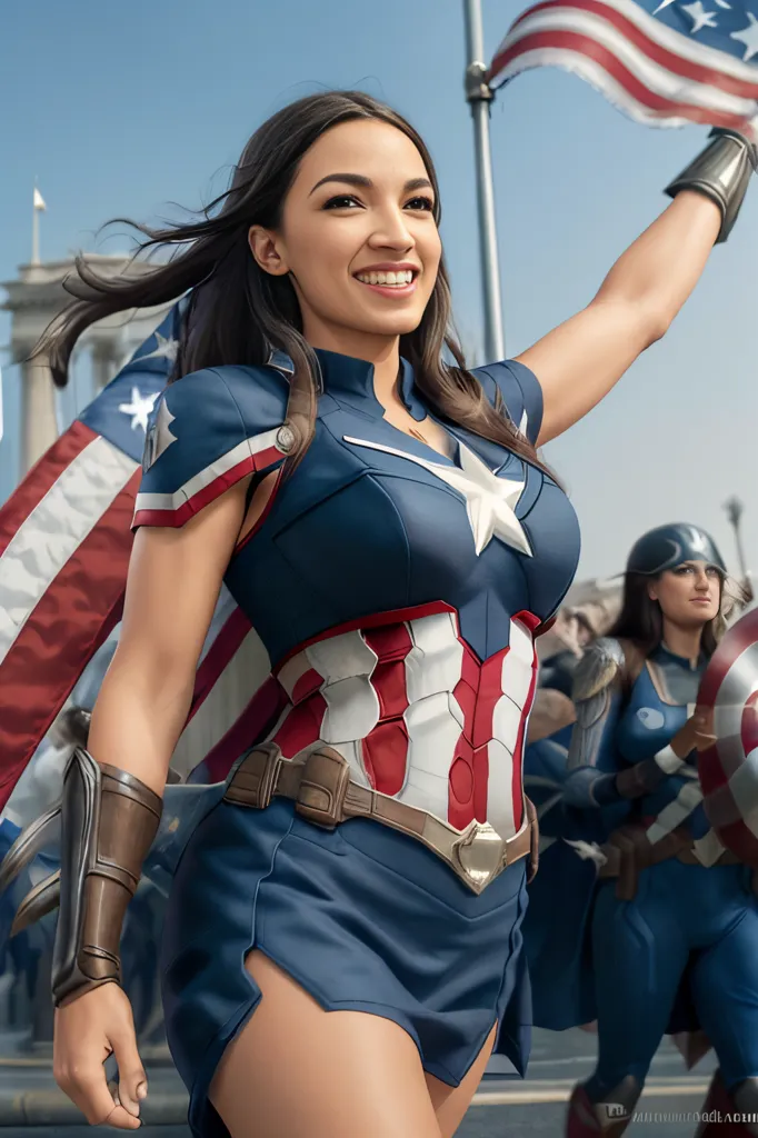 This is an image of Alexandria Ocasio-Cortez, a politician, wearing a Captain America-inspired outfit. She is holding an American flag in her right hand and is smiling. There is another woman in the background on the right side of the image. She is wearing a similar outfit and is also holding an American flag.