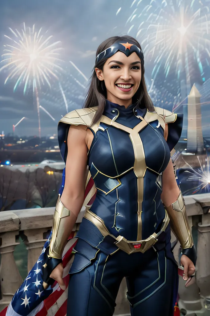 La imagen muestra a una mujer joven de pie en la azotea frente al Monumento a Washington. Lleva un traje de superhéroe azul y dorado, y una bandera estadounidense cuelga de su brazo. La mujer tiene el cabello largo y castaño, y ojos marrones, y está sonriendo. En el fondo, hay fuegos artificiales explotando en el cielo.