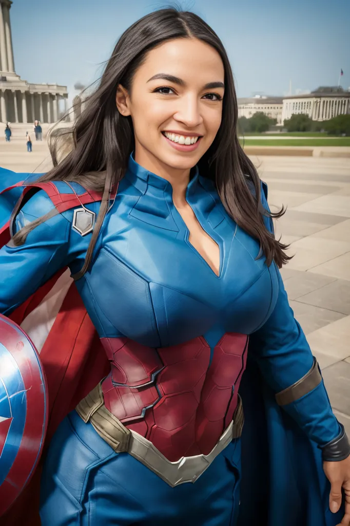 This is an image of Alexandria Ocasio-Cortez, an American politician, activist, and member of the Democratic Party who has served as the U.S. representative for New York's 14th congressional district since 2019. She is shown here dressed as a superhero, wearing a blue and red costume with a cape and holding a shield with an American flag on it. She is standing in front of the U.S. Capitol building.