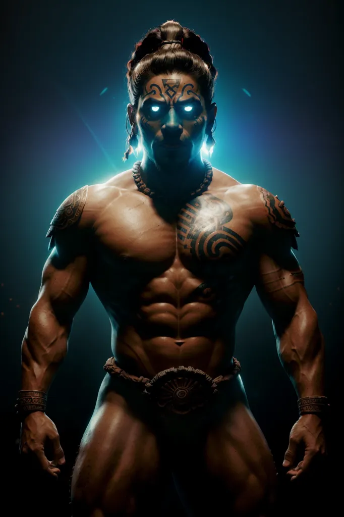 The image shows a muscular man with dark skin and long braided hair. He is wearing a loincloth and has various tattoos and markings on his body. His eyes are glowing blue, and he has a determined expression on his face. He is standing in a dark background with a spotlight shining down on him.