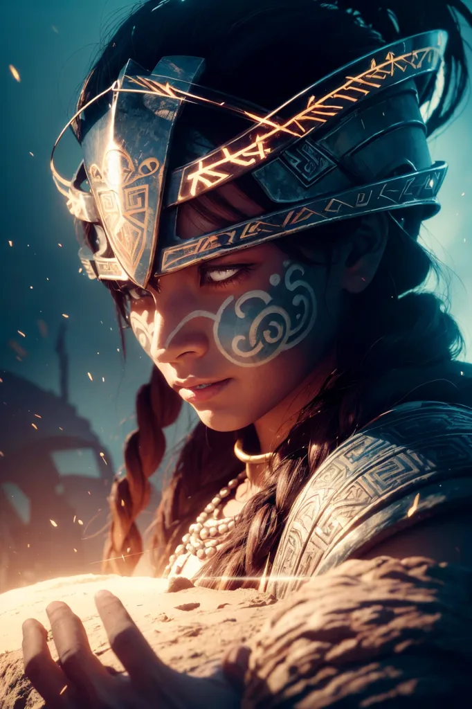 This is an image of a young woman who looks like a warrior. She is wearing a helmet and has face paint on. She is also wearing a necklace and has her hair braided. She is standing in front of a dark background and there is a bright light on her face.