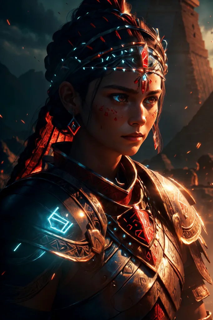 This is an image of a young woman, probably in her early 20s. She has long brown hair, dark skin, and brown eyes. She is wearing a breastplate and a helmet. The breastplate is made of metal and has a blue glowing symbol on it. The helmet is also made of metal and has a red glowing symbol on it. She is standing in front of a stone building. There are flames coming from the building. In the background, there is a large stone structure that looks like a temple.