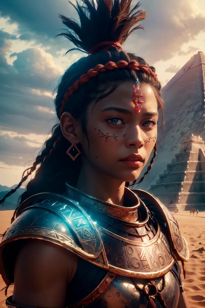 This image shows a young woman, probably a warrior, with dark skin and brown hair. She is wearing a breastplate and has a determined expression on her face. She is standing in front of a large pyramid, which suggests that she is in a desert or arid region.