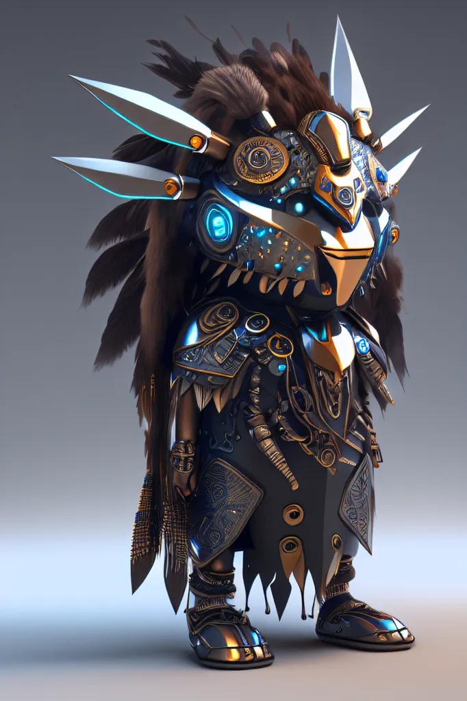 Esta imagem mostra uma renderização 3D de um personagem que se assemelha a uma mistura entre um samurai e um nativo americano. O personagem está usando um capacete que tem um moicano feito de penas e metal. O personagem também está usando uma placa de peito e proteções para as pernas que são feitas de metal e têm designs intrincados nelas. O personagem também está usando sapatos que são feitos de metal e têm um design que se assemelha a penas. O personagem está em uma postura relaxada e olha para o espectador.