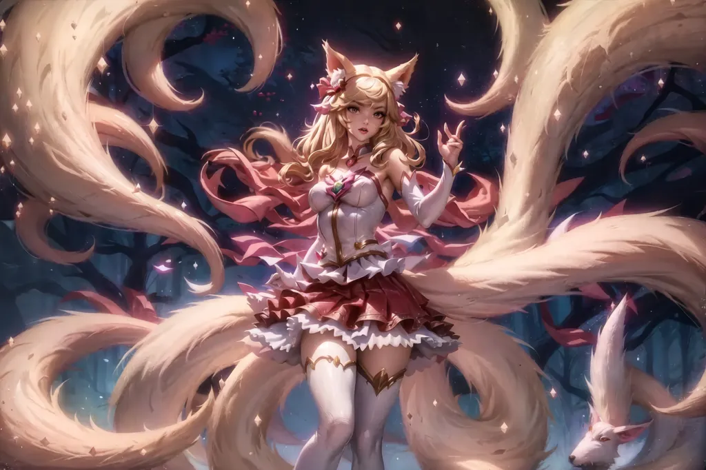 The image is of a young woman with long blonde hair and nine tails. She is wearing a white and red dress with a pink ribbon in her hair. She is standing in a forest, and there is a small white creature with her. The woman is smiling and has her eyes closed.