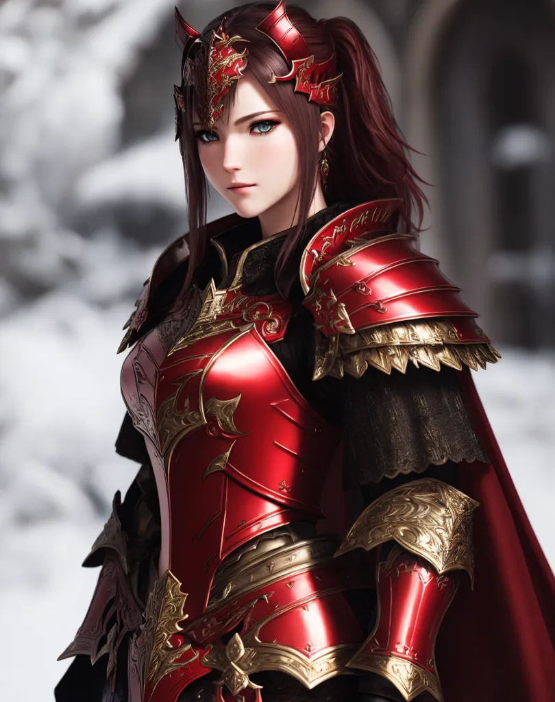 This is an image of a female knight in red armor. She is wearing a red cape and has long red hair. She is standing in a snowy forest and looks to be ready for battle.