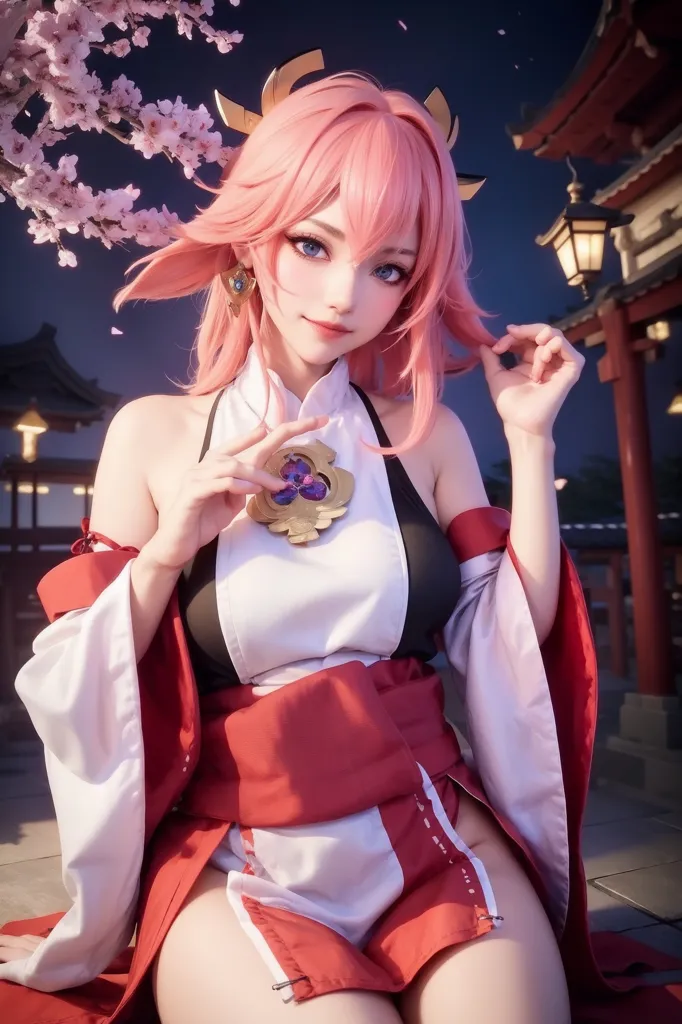 The image is of a young woman with pink hair and blue eyes. She is wearing a white and red kimono with a pink obi. She is sitting on a railing in a garden with cherry blossoms. She is holding a fan in her right hand and has the other hand on her hip. She has a small smile on her face. The background is blurred, but it looks like there is a building behind her.