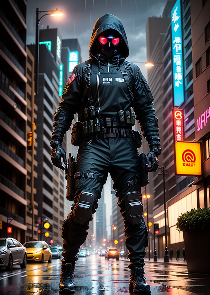 The image shows a person in a black outfit with a hood and a mask standing in a dark city street with rain. The person is wearing a black jacket with a green and white patch on the arm and black pants with knee pads. They are also wearing a black vest with a green and white patch on the chest and a black backpack. The person is carrying a gun in their right hand and a knife in their left hand. The street is lit by streetlights and the lights from the buildings. There are cars parked on the side of the street and a few trees.