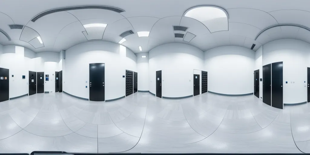 This is a 360-degree view of what appears to be a storage room. The room is completely empty, with white walls, a white ceiling, and a gray floor. There are 10 doors in the room, all of which are made of black metal. The doors are arranged in a symmetrical pattern, with five doors on each side of the room. The room is well-lit, with bright lights shining down from the ceiling.