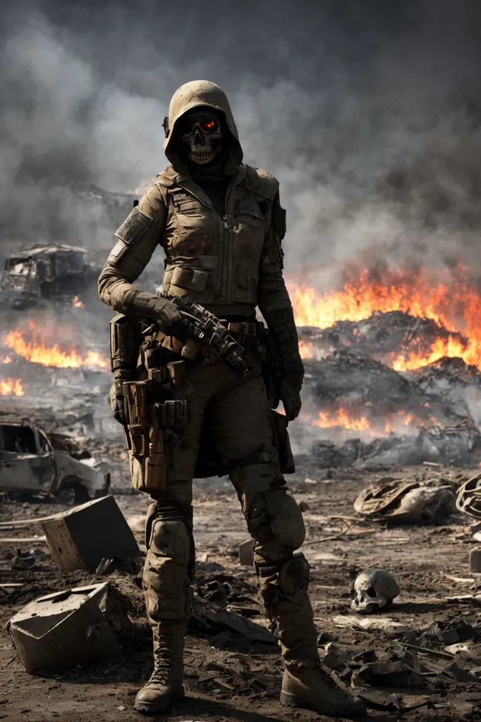 The image shows a post-apocalyptic scene. A woman in a tattered cloak and a skull-like mask is standing in a ruined city. The city is in ruins, with buildings collapsed and debris everywhere. The sky is dark and filled with smoke. The woman is holding a gun and looks like she is ready to fight.