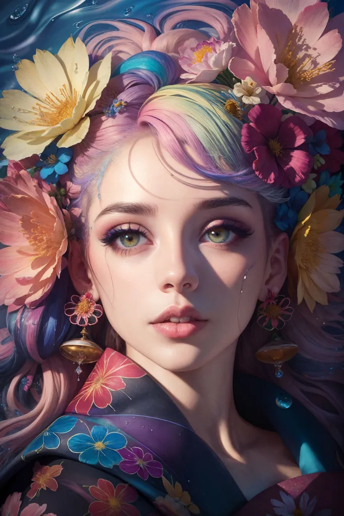 L'image est un portrait d'une belle femme aux longs cheveux ondulants. Ses cheveux sont un arc-en-ciel de couleurs, avec des nuances de rose, de bleu, de vert et de jaune. Elle porte une couronne de fleurs et des fleurs sont peintes sur son visage. Ses yeux sont d'un brun profond et ses lèvres sont d'un rose doux. Elle porte un kimono japonais traditionnel et ses cheveux sont coiffés d'une manière traditionnelle japonaise. L'arrière-plan de l'image est un flou de couleurs, avec des nuances de bleu, de vert et de rose. L'effet global de l'image est celui de la beauté et de la sérénité.